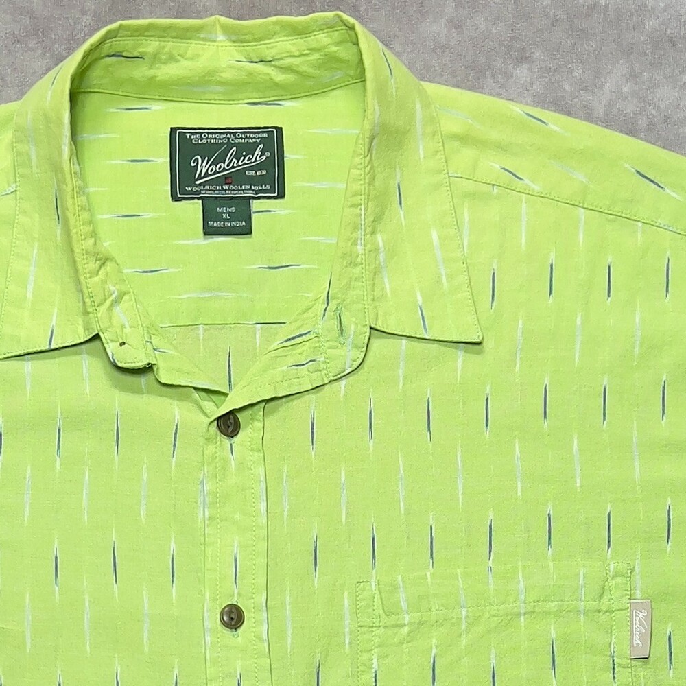 Woolrich Shirt Mens XL Short Sleeve Button Down Lime Green Made in India Cotton